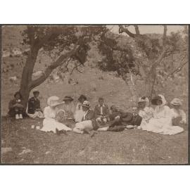 Family picnic under two large trees