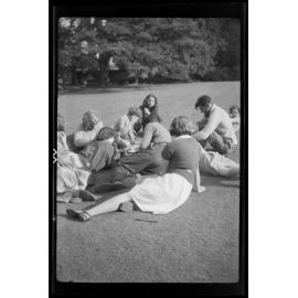 Group of people on lawn [at Abbey School]