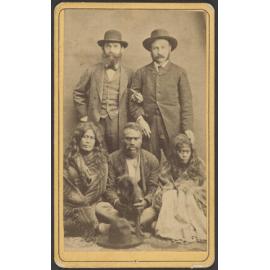 Bendix Hallenstein and Herman Cohen with Paki, Warea, and Ani (relations of Chief Hakopa) and a dog