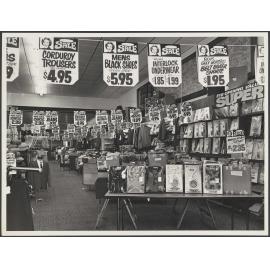 Shop floor with sales advertising at Hallensteins branch premises, Whangārei