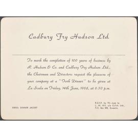Invitation for 'Fork Dinner' at La Scala restaurant marking 100 years of business by R. Hudson & Co. and Cadbury Fry Hudson Ltd