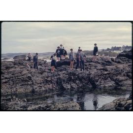 Kaikorai Valley High School pupils on rocks at Brighton