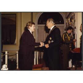 Investiture of Dame Elizabeth Hanan by Sir Michael Hardie Boys at Government House, Wellington