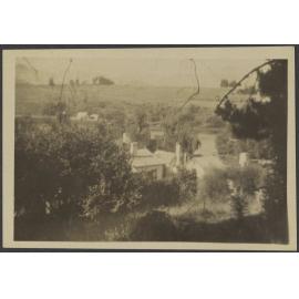 Looking down towards houses and shrubs