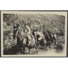 Unidentified man riding a horse, with two following carrying supplies and deer antlers