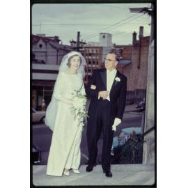 Elizabeth Walsh with her father on her wedding day, on the steps of St Paul's Cathedral