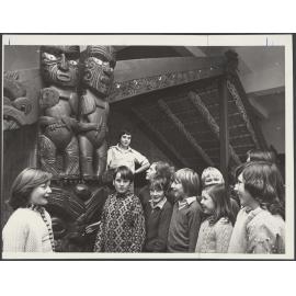 Primary school children outside Mataatua, Otago Museum
