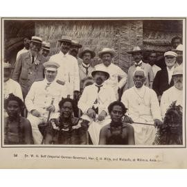 Dr. W.H. Solf (Imperial German Governor), Hon. C.H. Mills, and Mataafa, at Milinuu, Apia