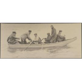 Crew members on board a small rowboat