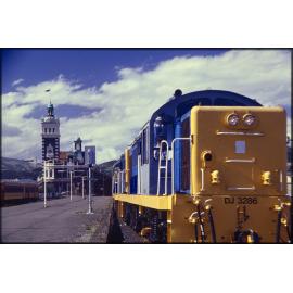 Dunedin Railway Station and DJ locomotive, from platform