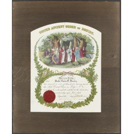 Certificate awarded to Brother Charles E. Beazley, Past Arch., Grand Lodge of Otago and Southland United Ancient Order of Druids
