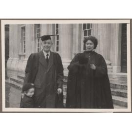 Brenda Slade with unidentified man and child outside the Senate House, Cambridge