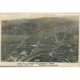 Aerial view of Dunedin NZ. Carisbrook & Hillside Workshops in foreground