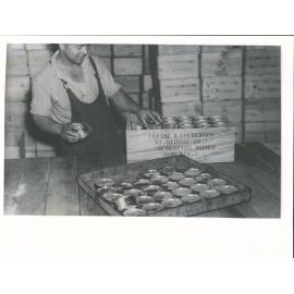 Preserving Works. Canning whitebait, packing tins in boxes