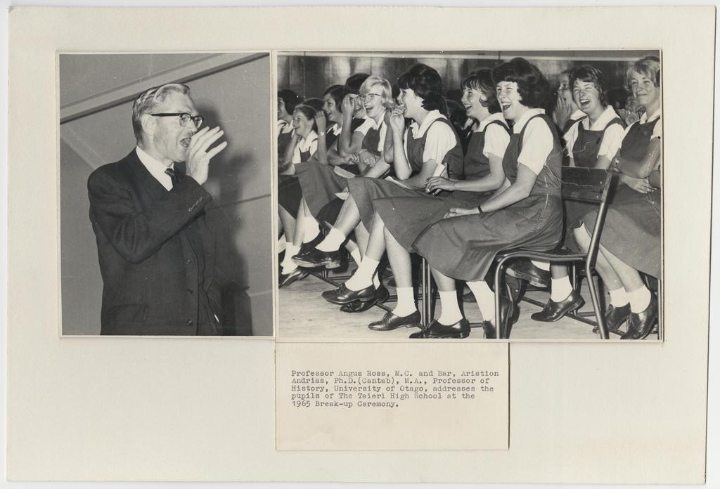 Professor Angus Ross addressing the pupils of the Taieri High School at the 1965 break up ceremony
