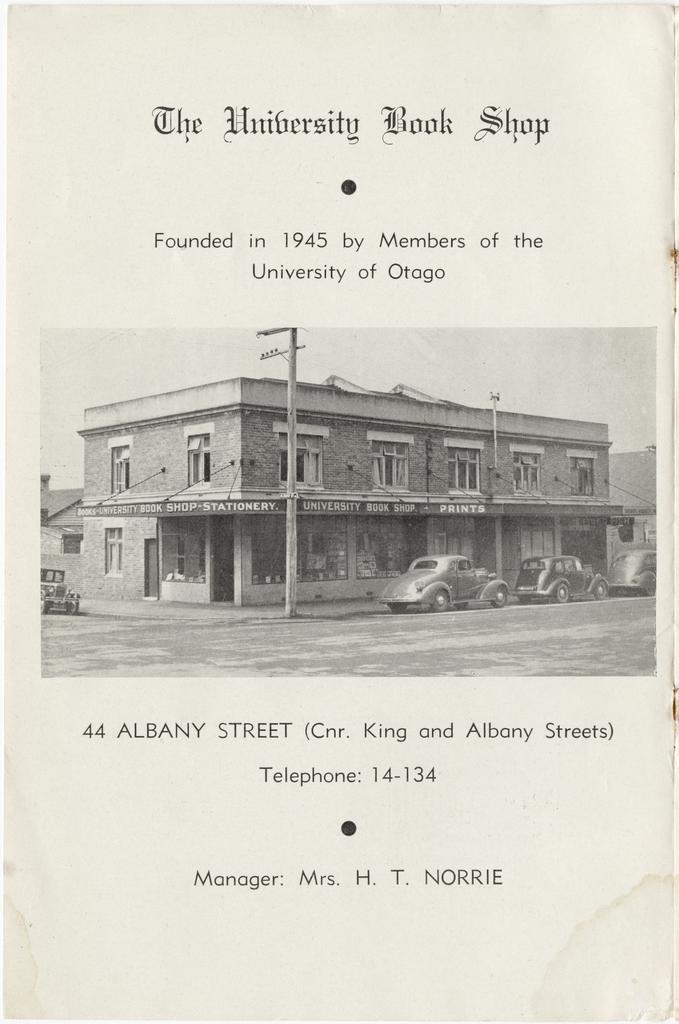 Cover, 'The University Book Shop: Founded in 1945 by members of the University of Otago'