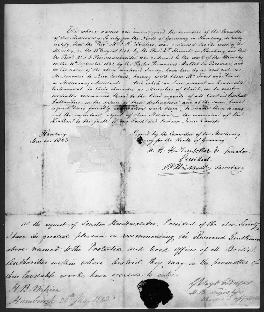 Johann Wohlers' ordination certificate and reference