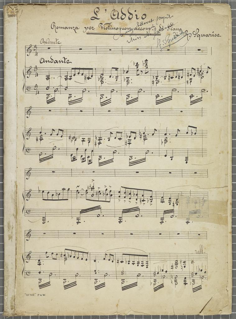 'First page of 'L'Addio' by R. Squarise, romanza for violin and piano