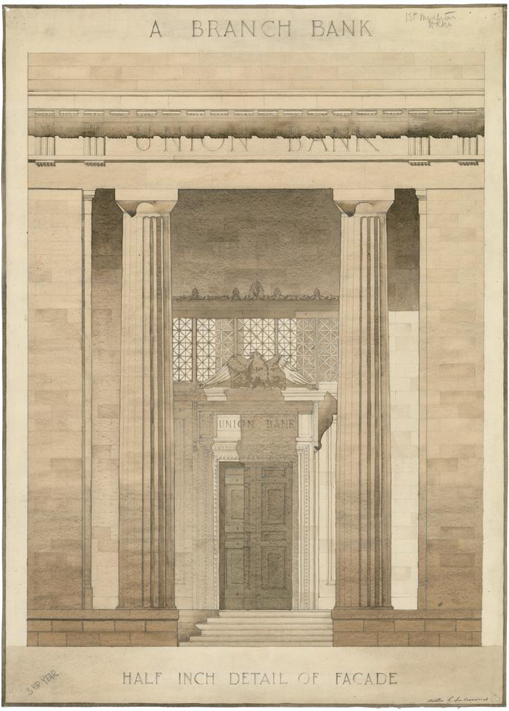 Student drawing for 'A Branch Bank'. Half inch detail of façade.