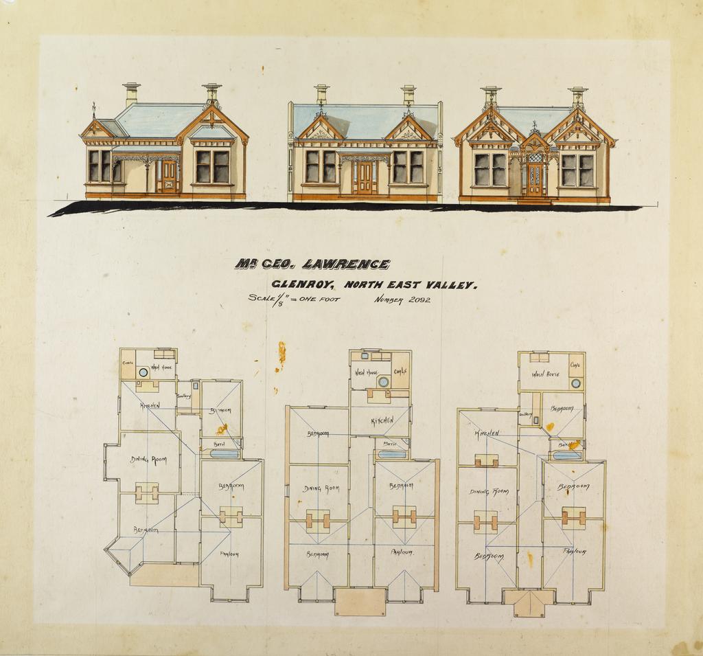 Plan for three residences for Mr Geo. Lawrence, Glenroy, North East Valley, no.2092, G.W. Gough architect