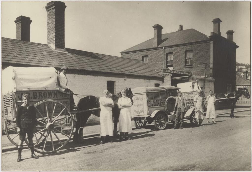 J.R. Brown Baker, vehicles and staff, Marion Street